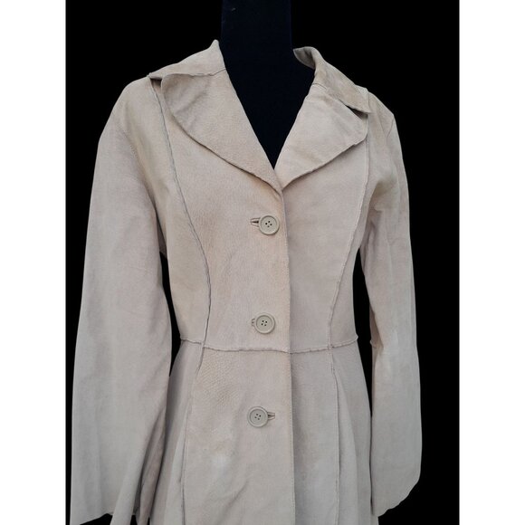 Womens Sz Large Genuine Suede Mid Length Western Trench Coat Pockets Light Tan - Picture 5 of 13